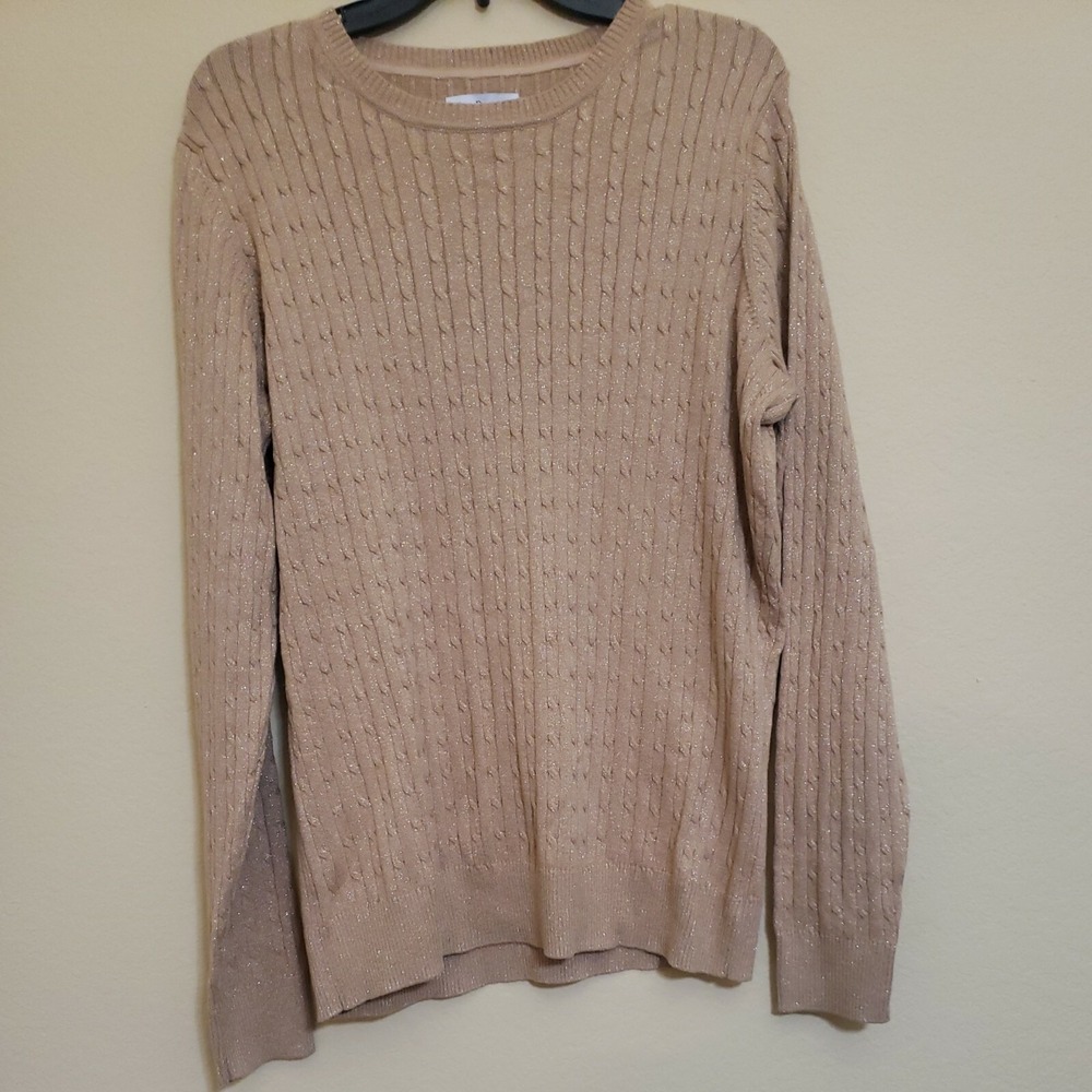 Kim‎ Rogers Large Cable crew Knit Sweater sparkly tan glittery gold